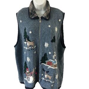 Victoria Jons size 4XL Festive Blue Zip-Up Vest with Snowman and Reindeer